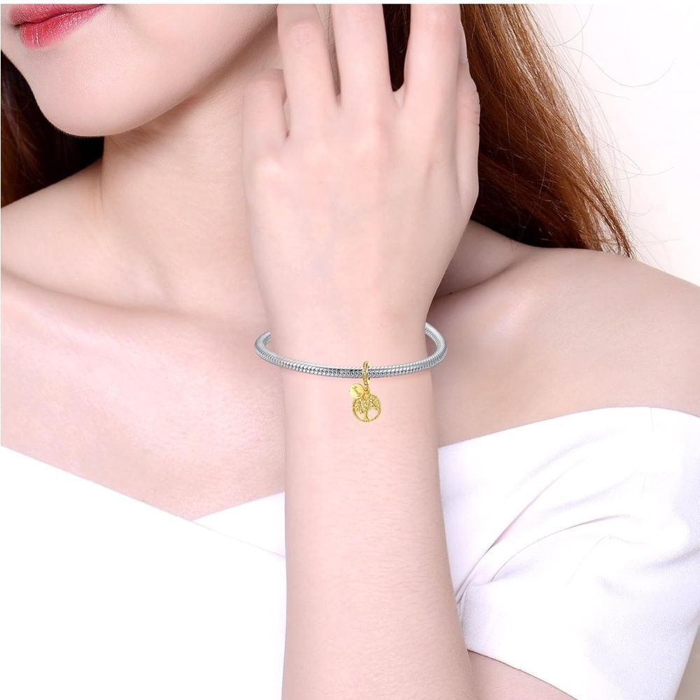 14k Yellow Gold Sterling Silver Family Charm | Family Tree | Pandora Fit - Picture 3 of 5